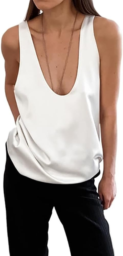 Womens Silk Satin Tank Tops Deep V Neck Casual Cami Sleeveless Camisole Blouses Summer Fit Flowy ... | Amazon (US)