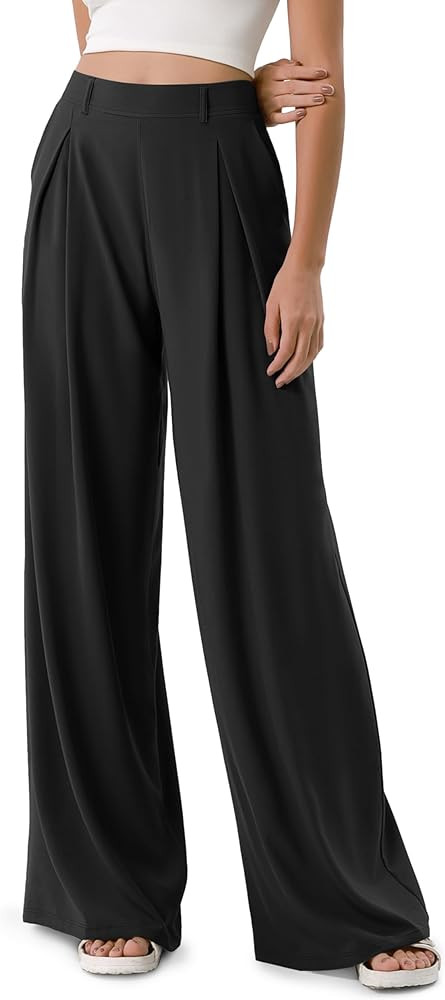 ODODOS Chiffon Flowy Pleated Wide Leg Pants for Women Lightweight High Waist Trouser with Pockets... | Amazon (US)