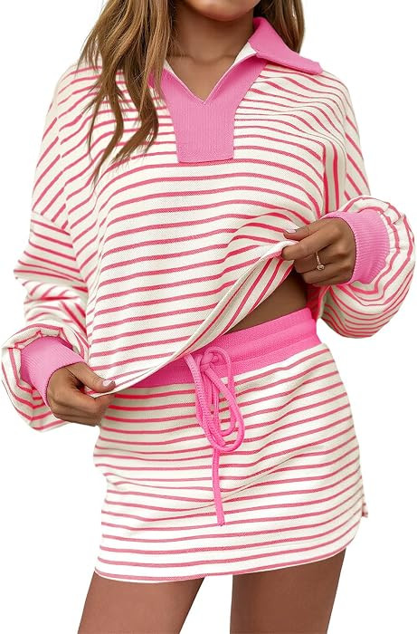 Fisoew Womens Striped 2 Piece Outfits Casual Sweatshirt Skirt Set Long Sleeve Skort Workout Set M... | Amazon (US)