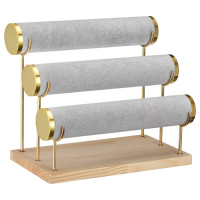 Unique Bargains Metal Wood Velvet 3 Tier Jewelry Organizer Stand Grey | Target