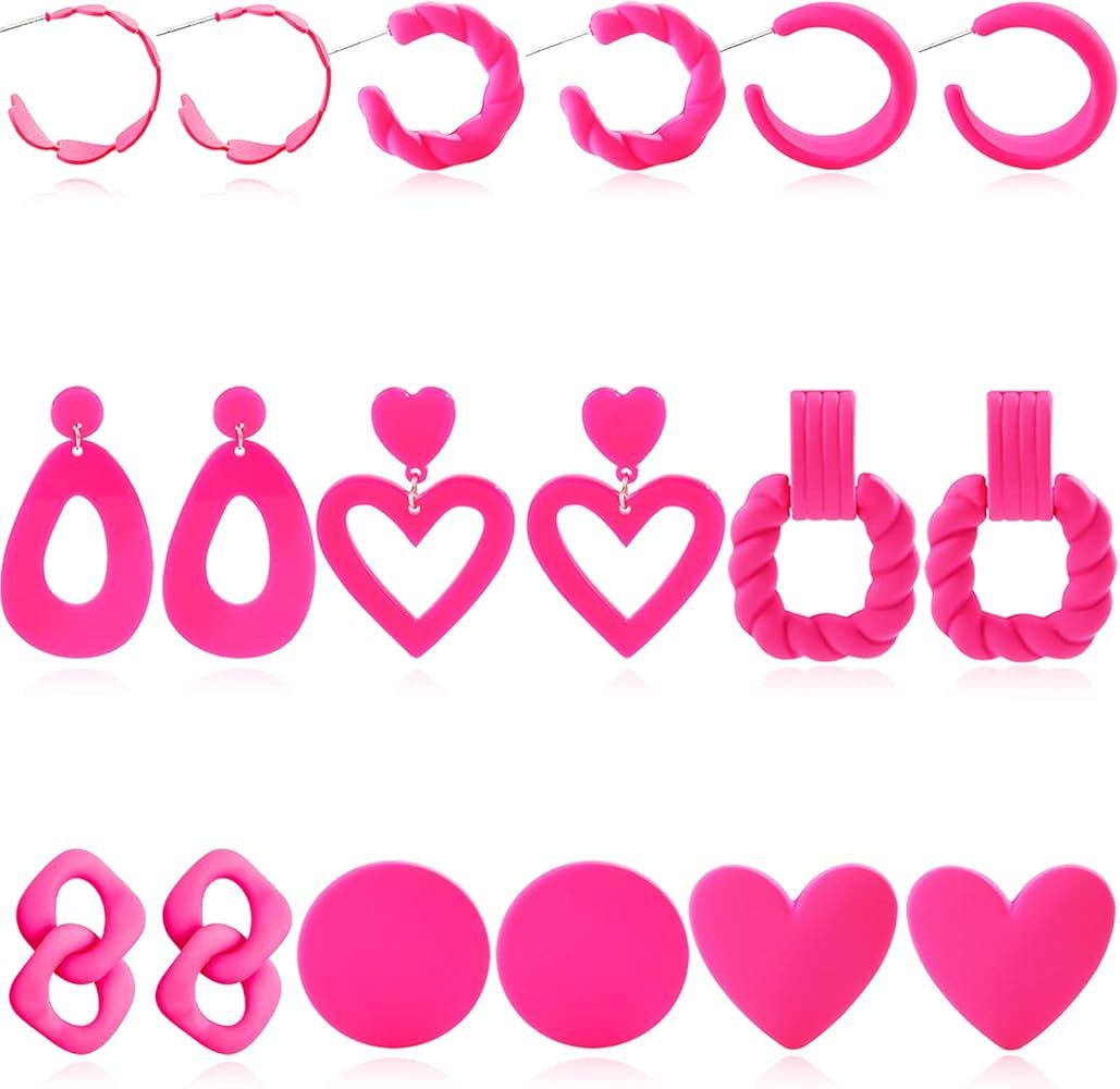 9 Pairs Hot Pink Earrings Pink Love Heart Earrings for Women Dangling Hot Pink Hoop Neon Earrings... | Amazon (US)