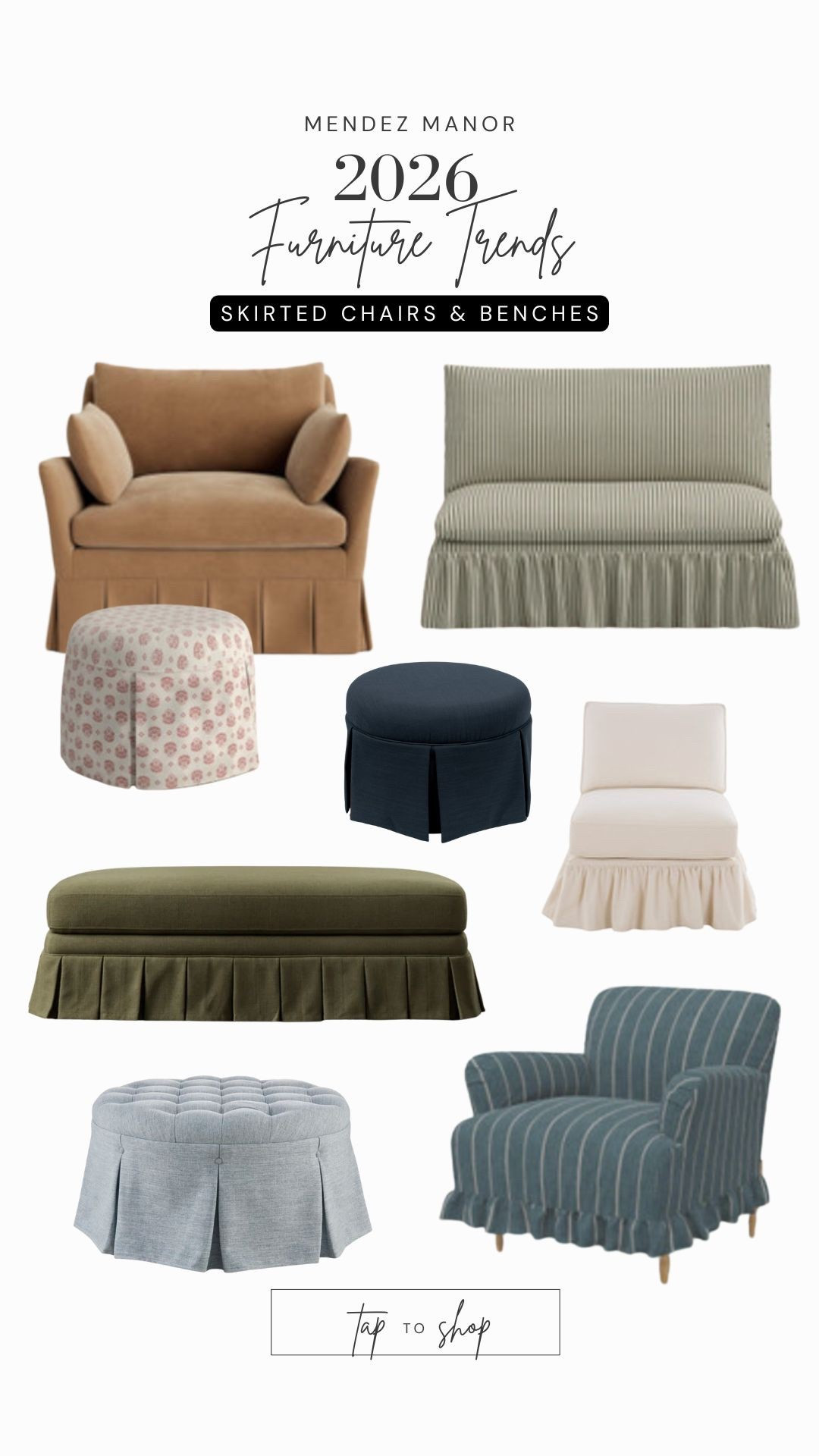 One of the standout 2026 furniture trends is the return of skirted chairs and skirted ottomans. 

These pieces bring a timeless, tailored look that instantly softens a space and adds an elevated, designer feel. 

The fabric skirt creates clean lines while subtly concealing legs, making seating feel more refined and intentional.

Perfect for traditional living rooms, transitional interiors, and classic home decor, skirted furniture pairs beautifully with both antique and modern pieces. 

Neutral upholstery like linen, cotton, or performance fabric keeps the look fresh, while pleated or boxed skirts add structure and polish.

Perfect for bedrooms too! 

#LTKOver40 #LTKSaleAlert #LTKHome