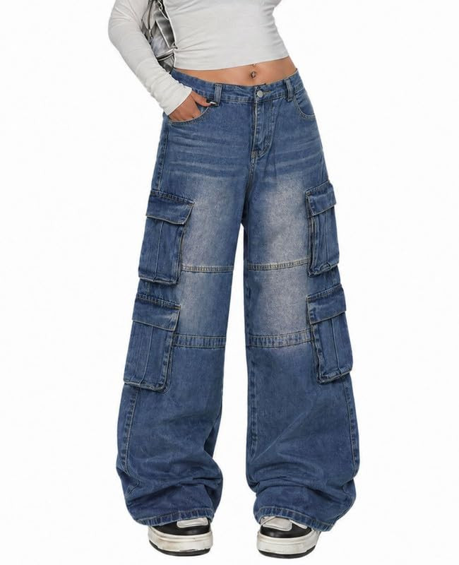 Cargo Jeans for Women Baggy Jeans Y2K High Waisted Wide Leg Cargo Pants Oversized Denim Pants Str... | Amazon (US)