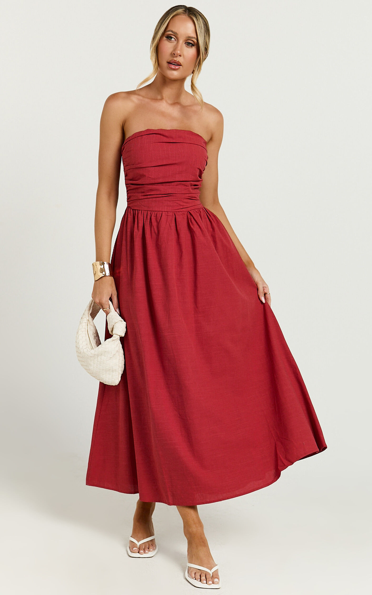 Polly Midi Dress - Strapless Ruched Dress in Red | Showpo (ANZ)