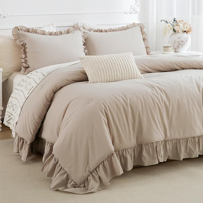 CozyTide Farmhouse King Size Comforter Set,Cotton Shabby Boho Chic Bedding Ruffled Linen Feel Tex... | Amazon (US)