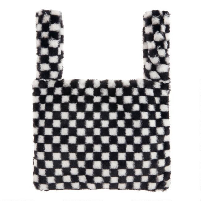 Black And White Faux Fur Checkered Tote Bag | World Market