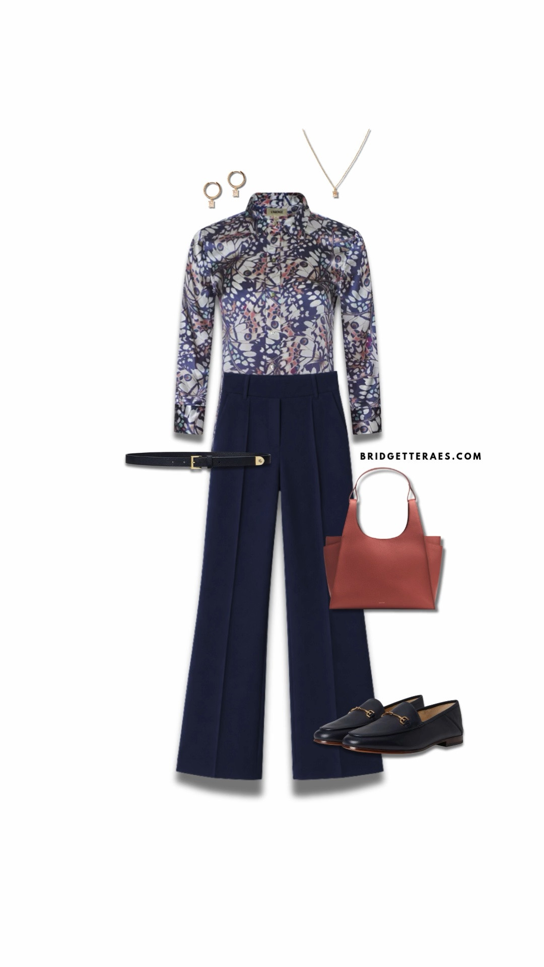 This outfit is a sophisticated mix of structure, print, and rich color that feels both polished and fashion-forward. The abstract printed blouse adds movement and personality, while the tailored navy trousers create a sleek, elongating silhouette that keeps the look refined. Deep navy accessories ground the outfit beautifully, and the muted rose handbag introduces just enough contrast to soften the palette and add warmth. Delicate gold jewelry ties everything together with a subtle hint of shine, making the entire look feel intentional and elevated. It’s the kind of outfit that transitions effortlessly from meetings to dinner while still feeling comfortable, modern, and confident.

#LTKWorkwear #LTKootd #LTKOver40