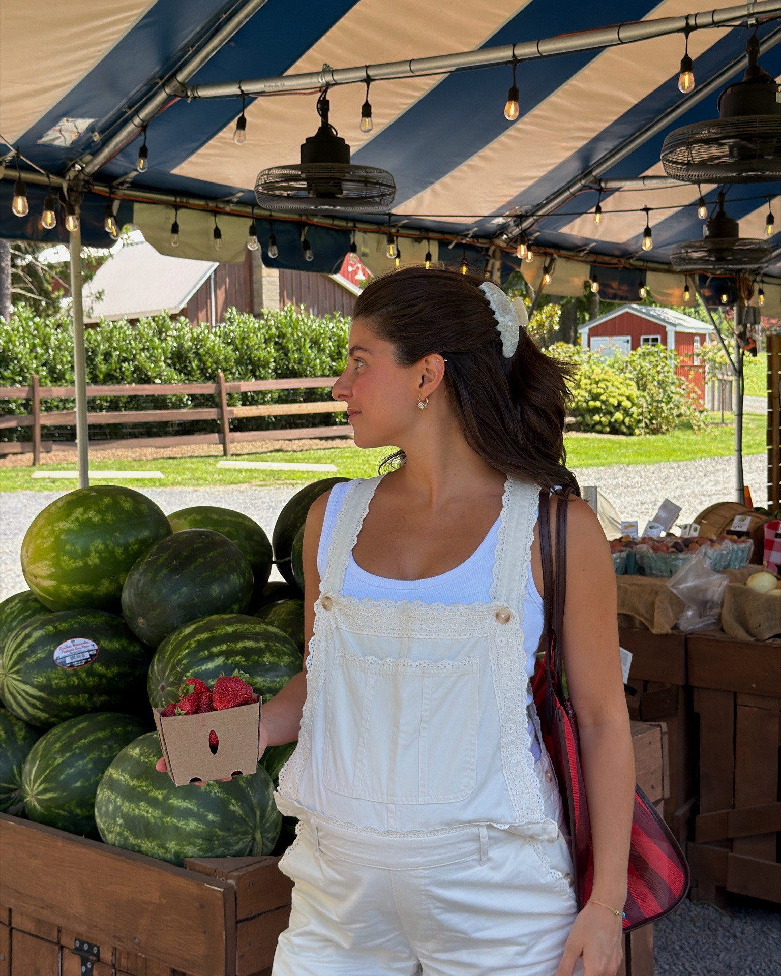 [7/30/26] #abercrombiepartner eyelet overalls & the cutest farm stand 🍓🌽 @abercrombie | Wearing small short in these 100% cotton overalls and medium in tank🤍

#LTKSaleAlert #LTKPetite #LTKBump