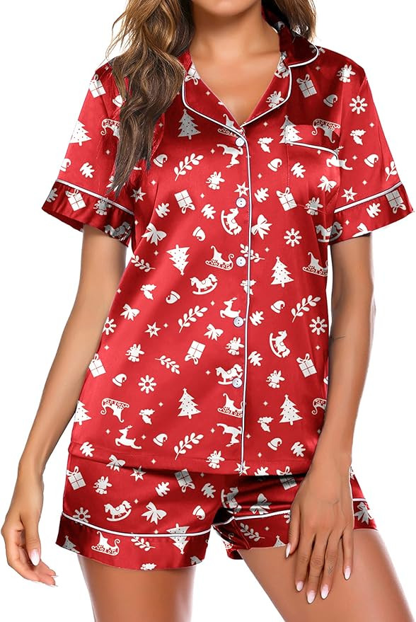 Ekouaer Satin Pajamas Women's Short Sleeve Sleepwear Soft Silk Button Down Loungewear Pjs Shorts ... | Amazon (US)