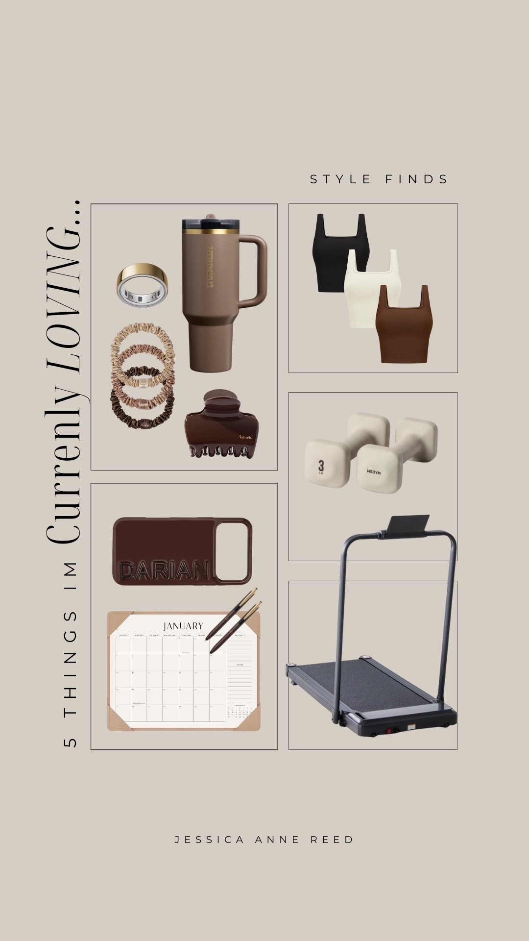 5 Things I’m Currently Loving! Oura ring, hair ties, Stanley tumbler, hair clip, tank tops, weights, walking pad, phone case, pens, calendar

#LTKHoliday #LTKdayinmylife #LTKGiftGuide