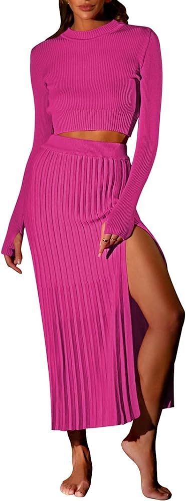 Duigluw Women 2 Piece Outfits Winter Long Sleeve Crop Top Bodycon Pleated Skirt Knit Sweater Dres... | Amazon (US)