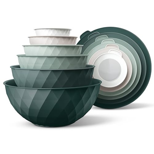 COOK WITH COLOR Mixing Bowls with Lids - 12 Piece Plastic Nesting Bowls Set includes 6 Prep Bowls and 6 Lids, Microwave Safe Mixing Bowl Set, Green Diamond | Amazon (US)