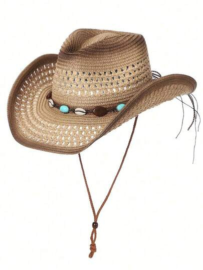 1Pcs Unisex Bead Decor Dyeing Wide Brim Printed Cowgirl Hat Summer Travel Shade Cowboy Hat Hollow... | SHEIN