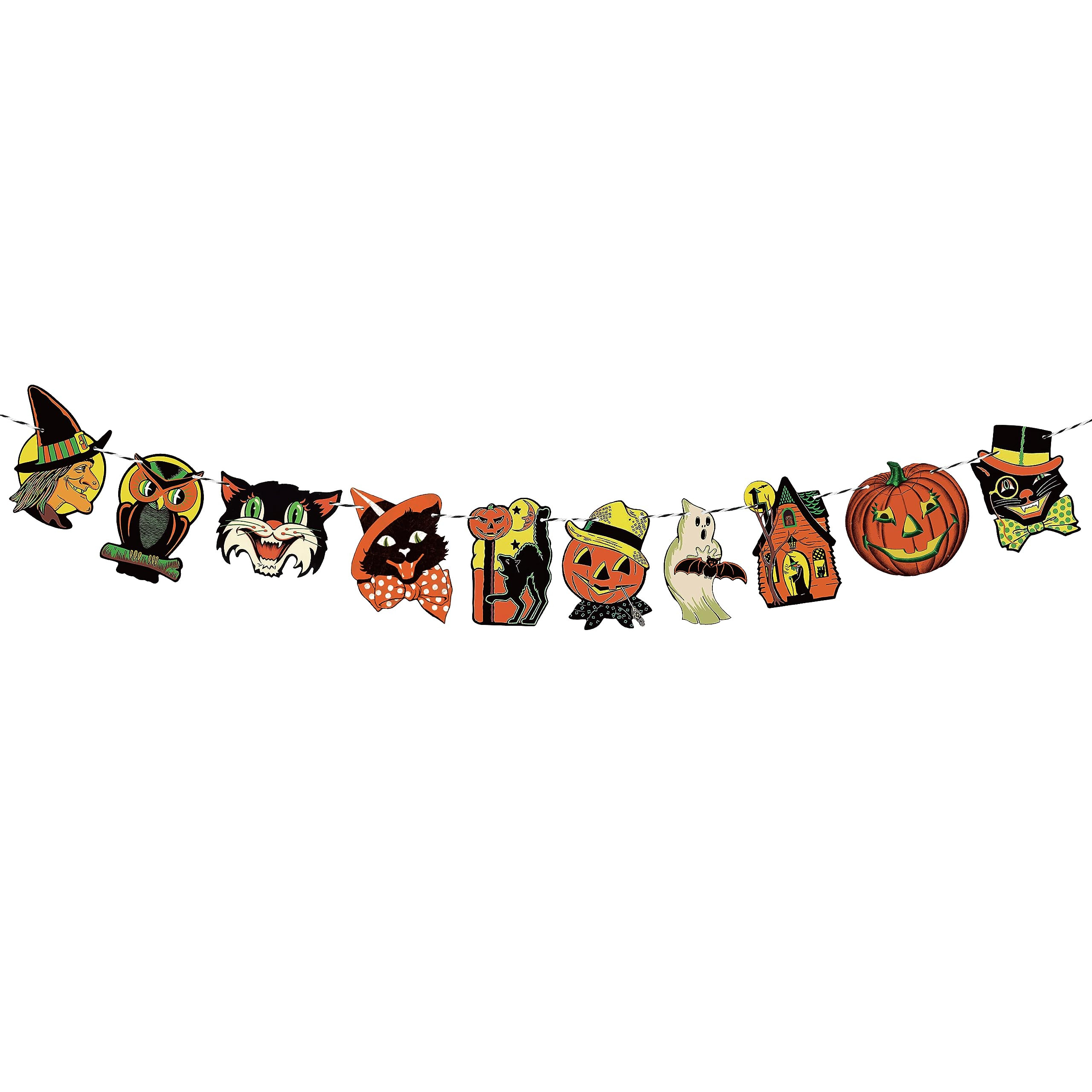 Vintage Halloween Hanging Banner Decoration, Retro Trick or Treat Cute Pumpkin Witch Ghost Cat Wall Bunting Garland Card Banner Cartoon Party Favor Photo Supplies | Amazon (US)
