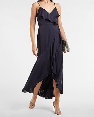 Satin Ruffle Wrap Midi Dress | Express