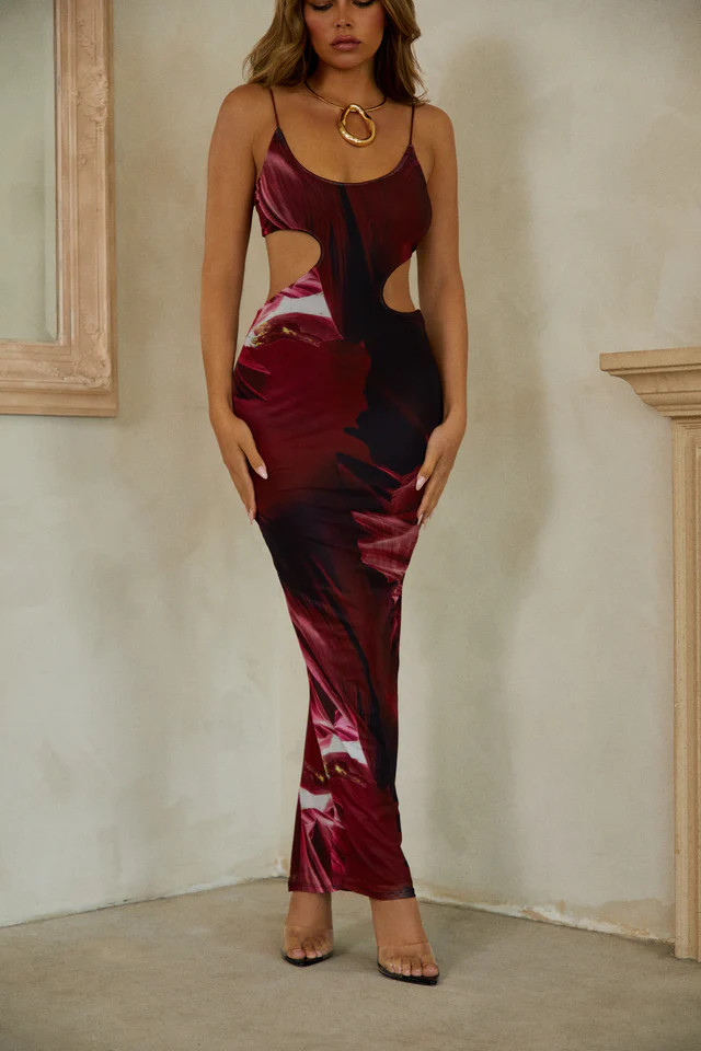 Miss Lola | Radio Moves Burgundy Print Waist Cut Out Midi Dress | MISS LOLA