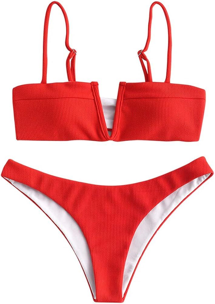 ZAFUL Bikini Ribbed V Wired Cami Swimwear Solid Color Adjustable Straps Bathing Suits for Women | Amazon (US)