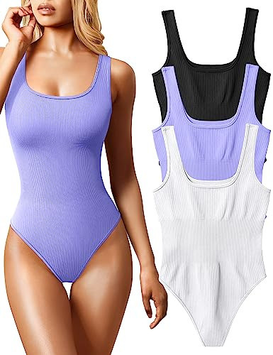 OQQ Women's 3 Piece Bodysuits Sexy Ribbed Sleeveless Square Neck Tank Tops Leotard 2025 Trendy Outfits Black Purple White | Amazon (US)