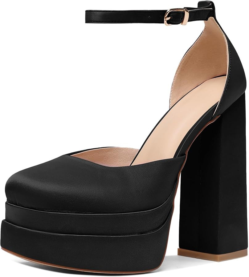 Mettesally Women's Stacked Platform High Heels Square Toe Chunky Thick Heel Sandals Ankle Strap B... | Amazon (UK)