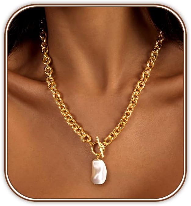 Zeffy 14K Gold/Silver Plated Chunky Thick Chain Toggle Clasp Necklace Dainty Baroque Pearl/Heart/... | Amazon (US)