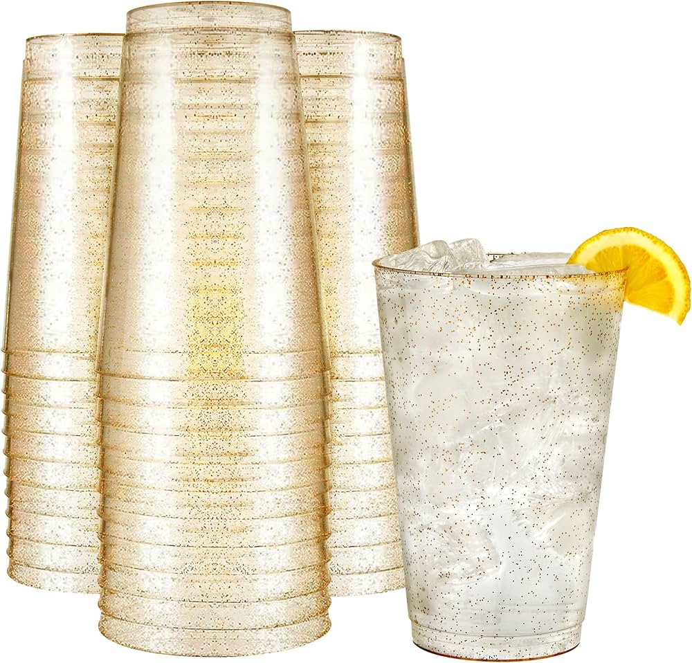 R-kay 14 oz Gold Glitter Plastic Cups For Party - 50 Pack Gold PLastic Cups - Hard Disposable Cup... | Amazon (US)