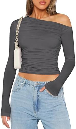 Zeagoo Womens Long Sleeve Off The Shoulder Casual Crop Tops Boat Neck Going Out Slim Fit Y2K T Sh... | Amazon (US)