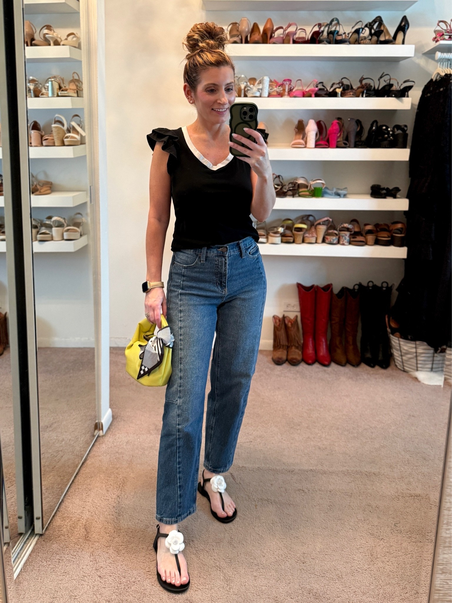 Amazon ruffle sleeve top (size medium) 
Walmartl barrel leg jeans (size down one, wearing a size 2)

casual outfit, trendy shoes, spring shoes, summer shoes, casual office look, office look, easy outfit, summer outfits 2026

#LTKSaleAlert #LTKSeasonal