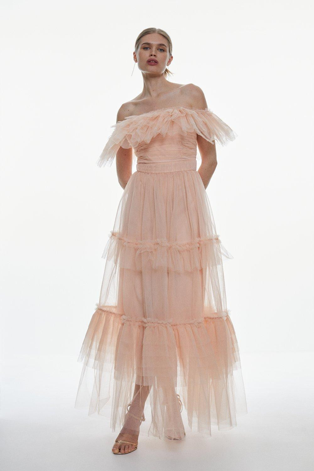 Tulle Corseted Off The Shoulder Maxi Dress | Karen Millen US
