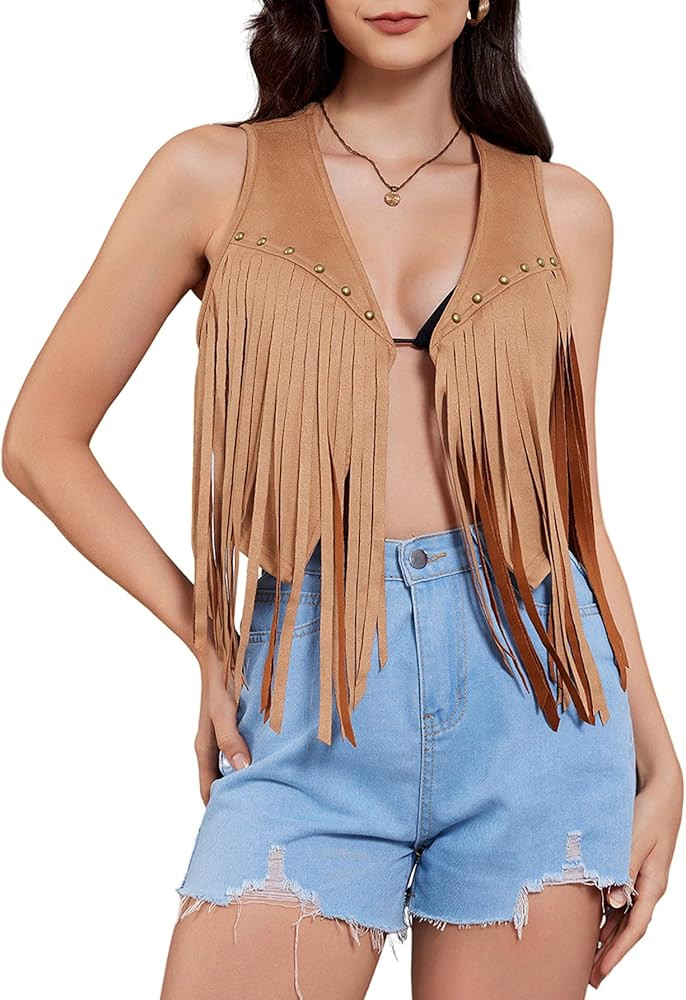 Verdusa Women's Fringe Vest Crop Jacket 70s Hippie Faux Suede Tassel Cardigan | Amazon (US)