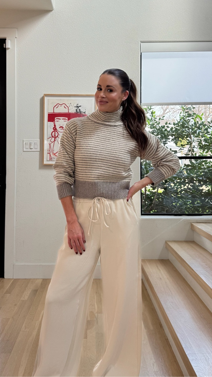 This striped sweater has a cropped fit and buttons along the neck and shoulder. 

I love this top paired with these wide leg pants. They’re such a great lodge pants lookalike! 

#LTKdayinmylife #LTKFindsUnder50 #LTKootd