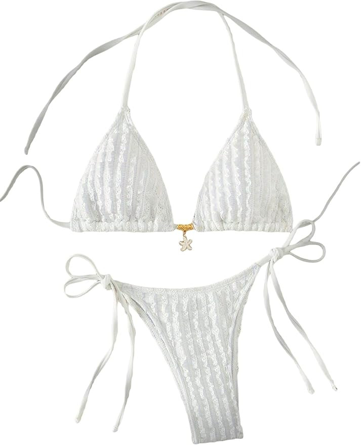Verdusa Women's 2 Piece Tie Knot Halter Shell Pom Triangle Bikini Sets Bathing Suits | Amazon (US)