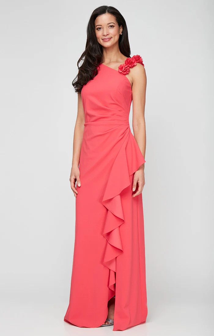 Long Stretch Crepe Dress with Flower Strap Detail and Cascade Skirt | Alex Evenings