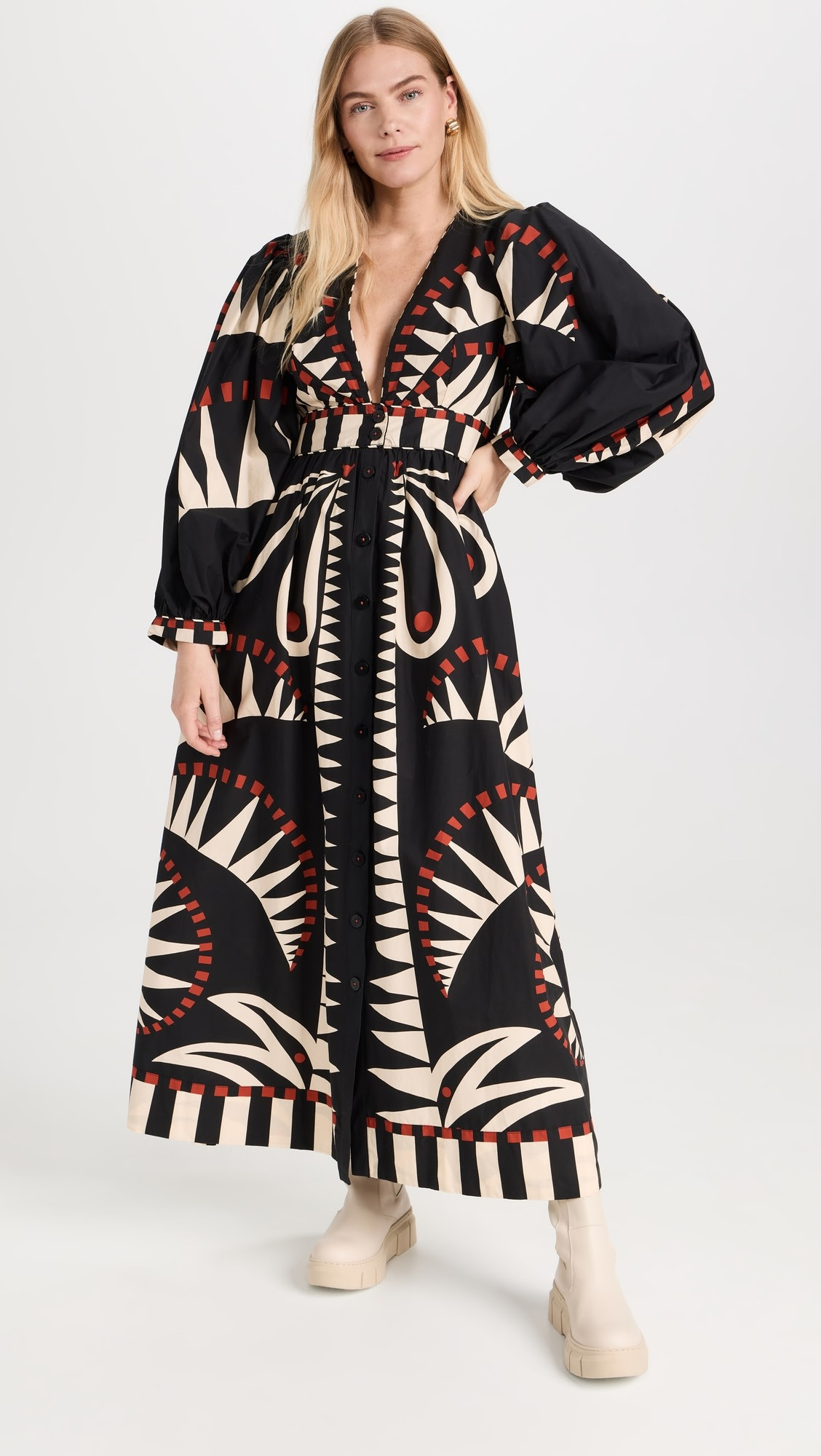 FARM Rio Coconut Grove Black V Neckline Puffed Sleeve Maxi | Shopbop | Shopbop
