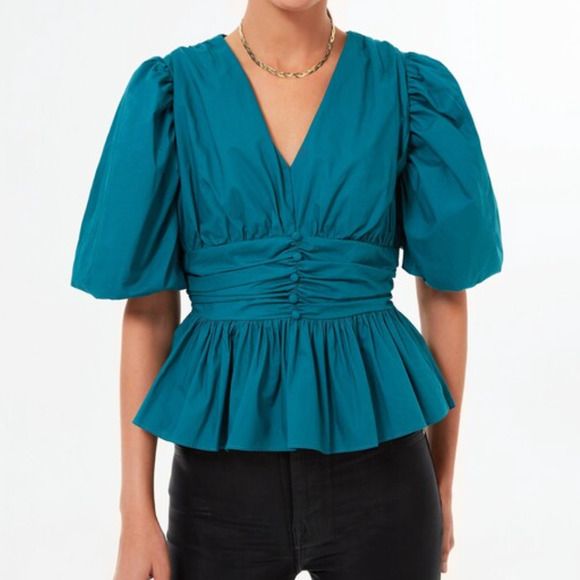 Tuckernuck Hyacinth House Puff Sleeve Teal Millie Blouse Short Sleeve Peplum Top | Poshmark