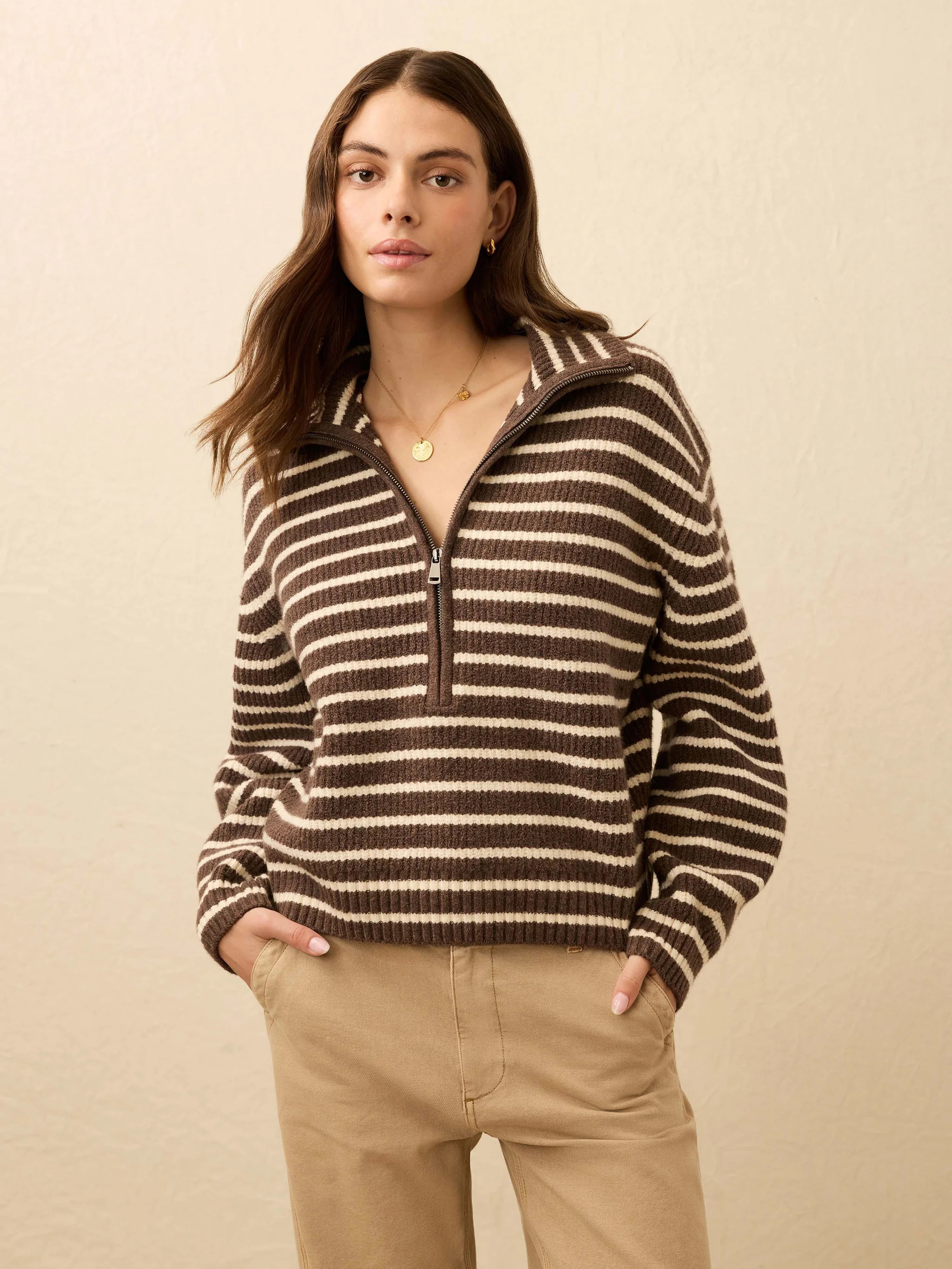Jackson Quarter Zip - Mocha Stripe | Faherty