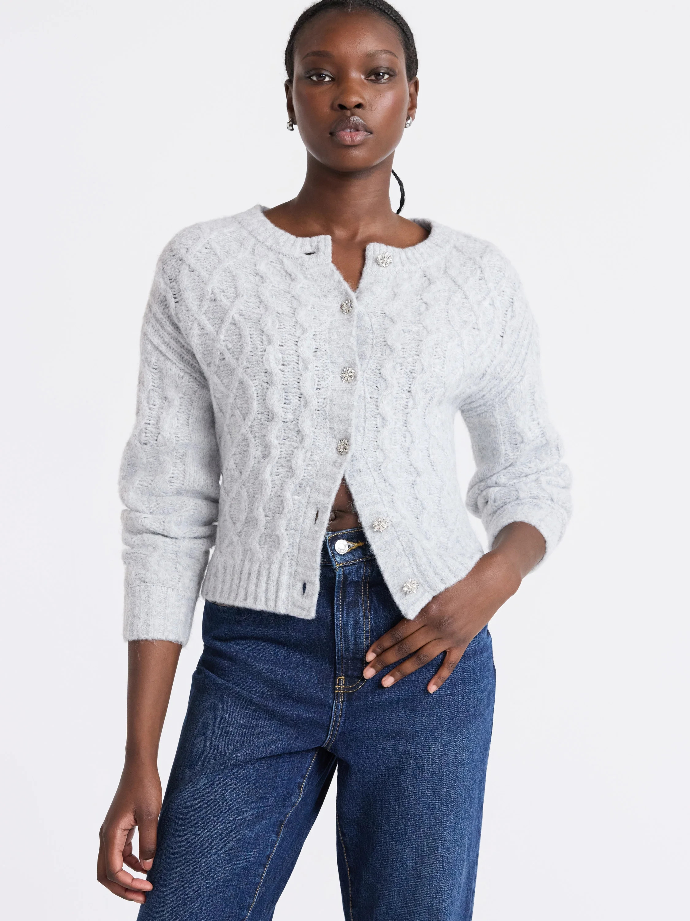 Free Assembly Women's and Women's Plus Cropped Cable Cardigan Sweater, Midweight, Sizes XS-4X | Walmart (US)