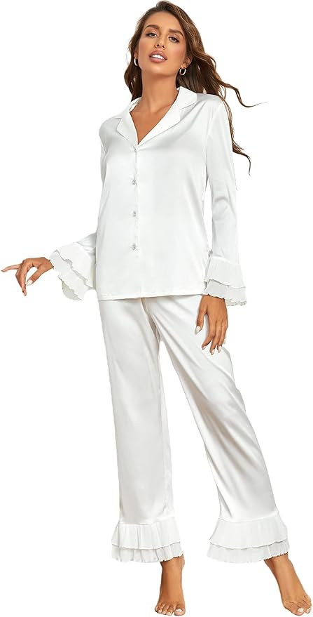 Verdusa Women's Satin Notch Collar Blouse and Ruffle Hem Pants PJ Set | Amazon (US)