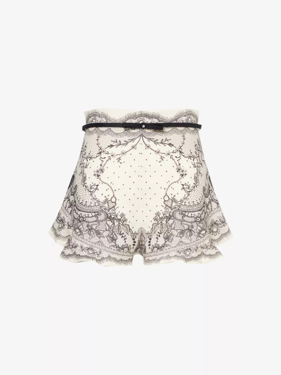 Crush floral-pattern belted frilled linen shorts | Selfridges