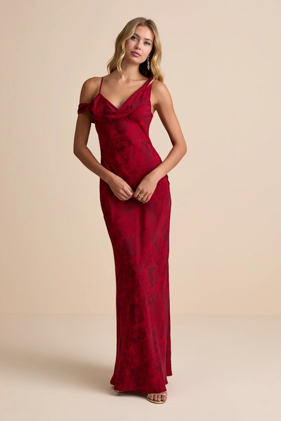 Minnie Red Satin Jacquard Asymmetrical Maxi Dress | Lulus