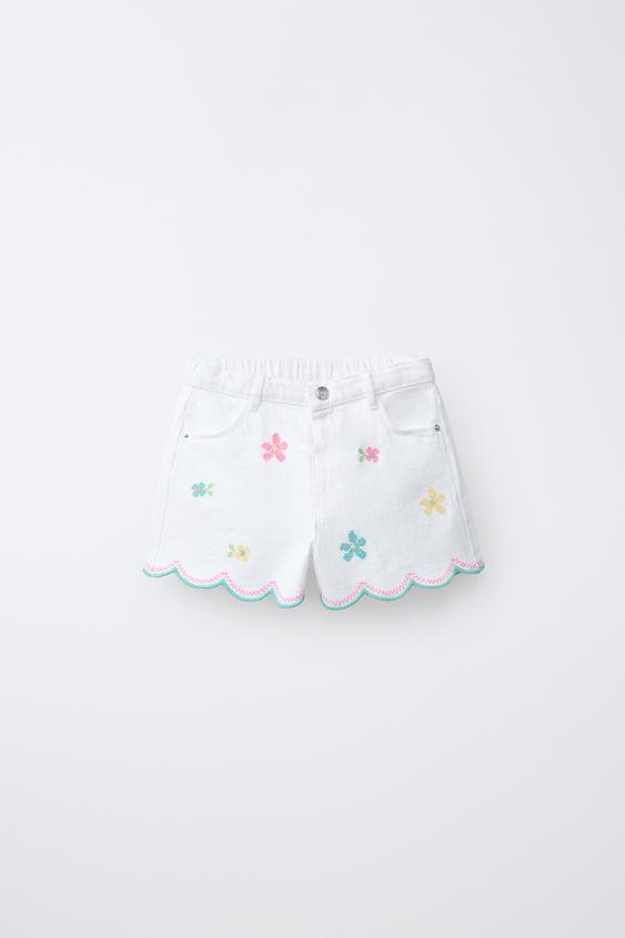 MOM FIT TWILL SHORTS WITH CROSS-STITCH FLOWERS | Zara US