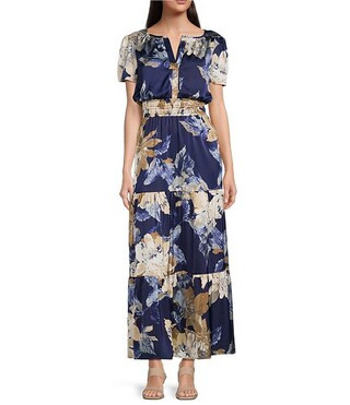 Split V-Neck Short Sleeve Floral Print Tiered Maxi Dress | Dillard's