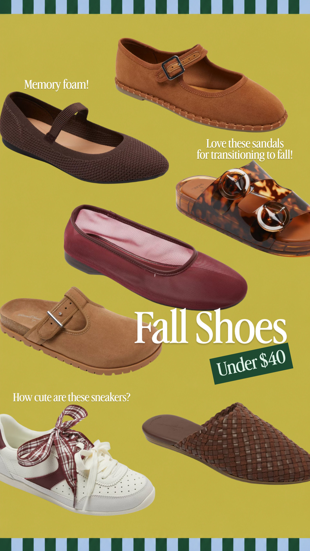 Fall shoes under $40! These Mary Jane flats, clogs, sneakers, sandals, and woven mules are easy options for transitioning your wardrobe into fall. Loving the rich brown and burgundy shades! #LTKshoecrush #LTKSeasonal 

 