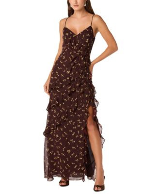 Astr the Label Women's Chiffon Ruffle V-Neck Maxi Dress - Brown Floral | Macy's