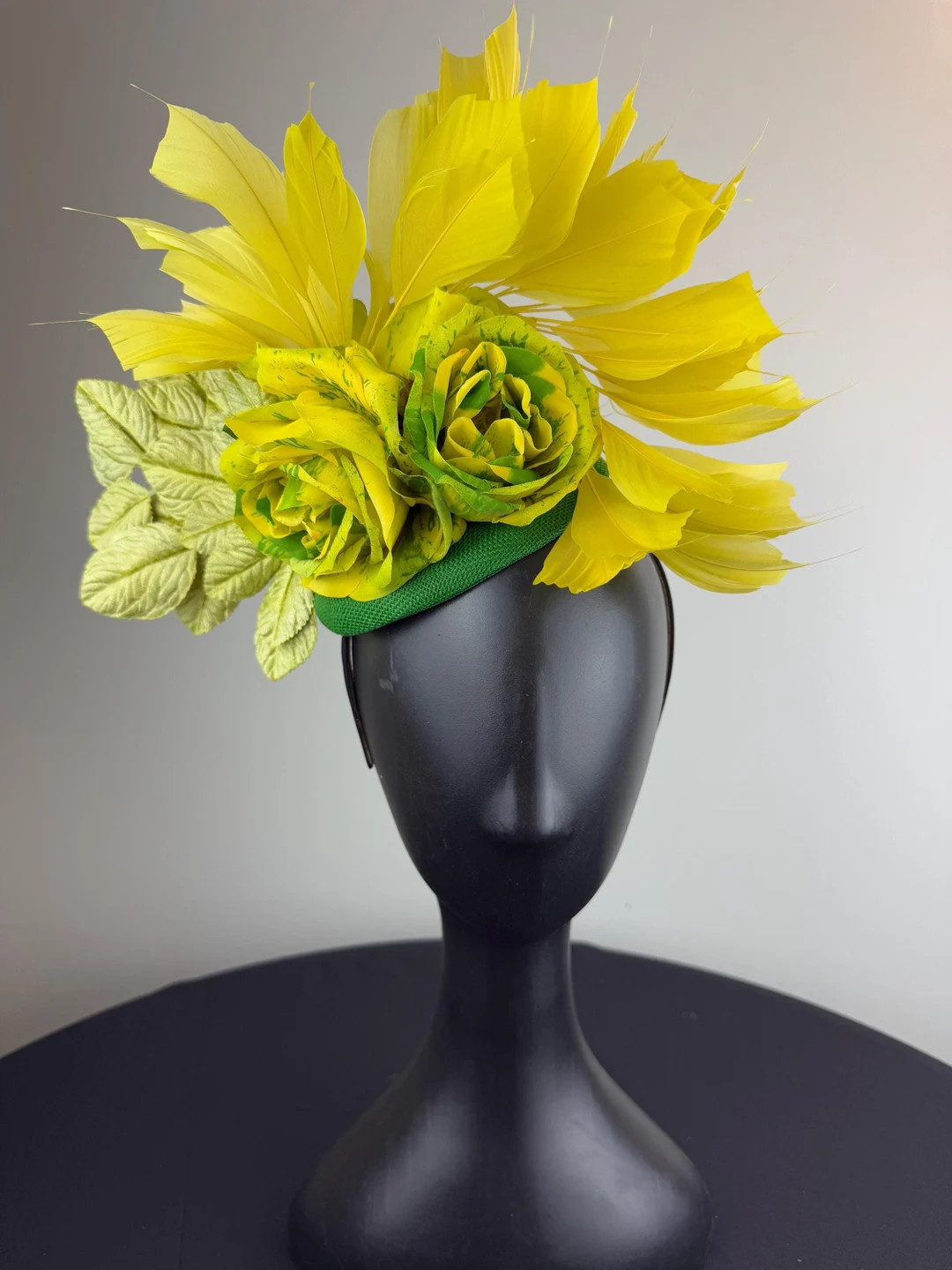 Green Fascinator With Yellow and Green Roses and Yellow Feathers "mridula" - Etsy | Etsy (US)