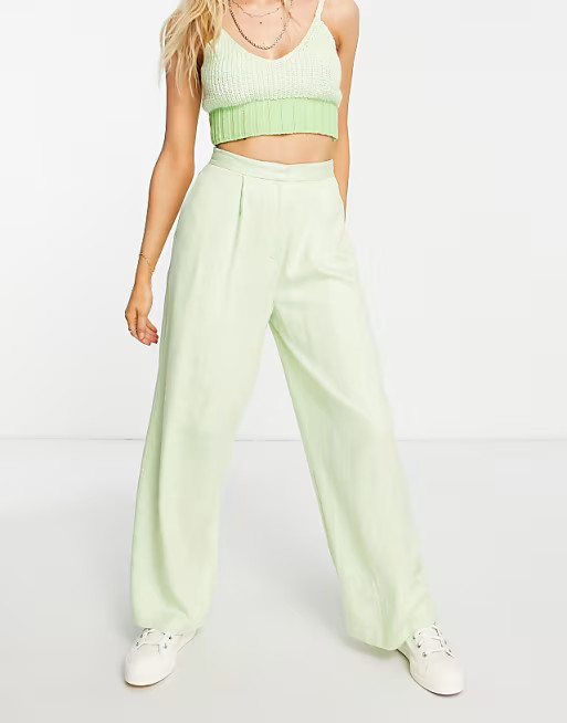 ASOS DESIGN Hourglass linen wide leg relaxed flare suit trousers in lime | ASOS (Global)