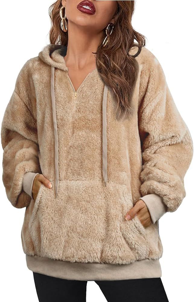 NIeyook Womens Fuzzy Sherpa Lined Hoodie Warm Fleece Hooded Oversized Sweatshirt with Pockets Zip... | Amazon (US)