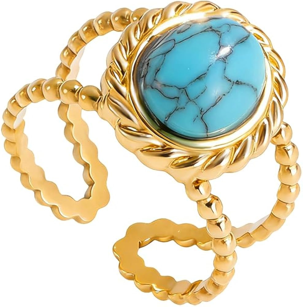 NewZenro Boho Oval Turquoise Open Adjustable Ring for Women Dainty Vintage Gold-tone Natural Ston... | Amazon (US)