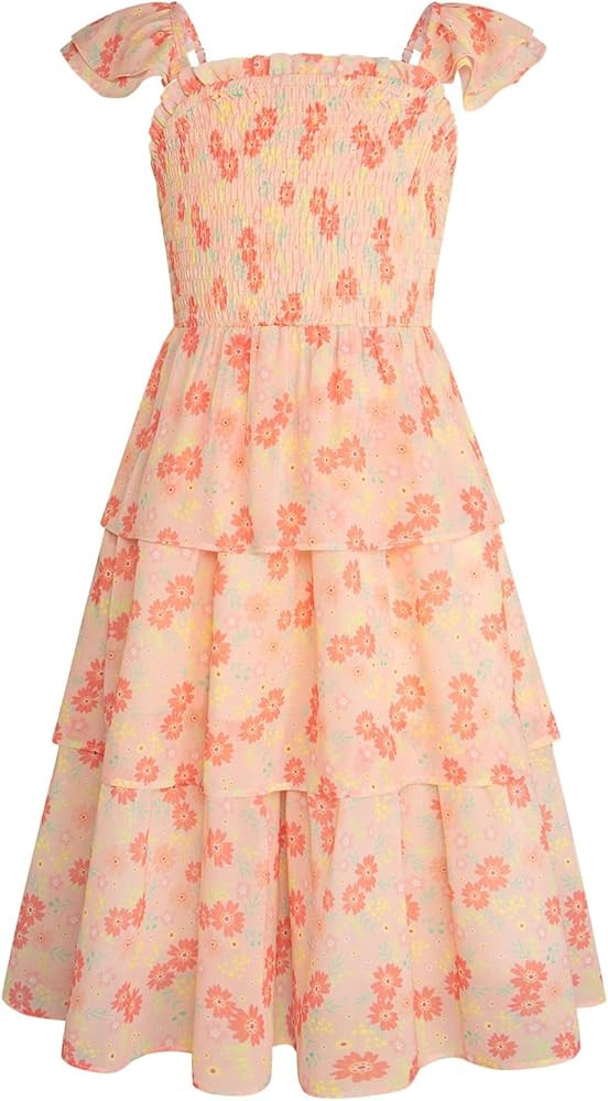 GRACE KARIN Girls Floral Smock Dress Flutter Sleeves Flowing Tiered Layers Spring Summer Midi Hol... | Amazon (US)