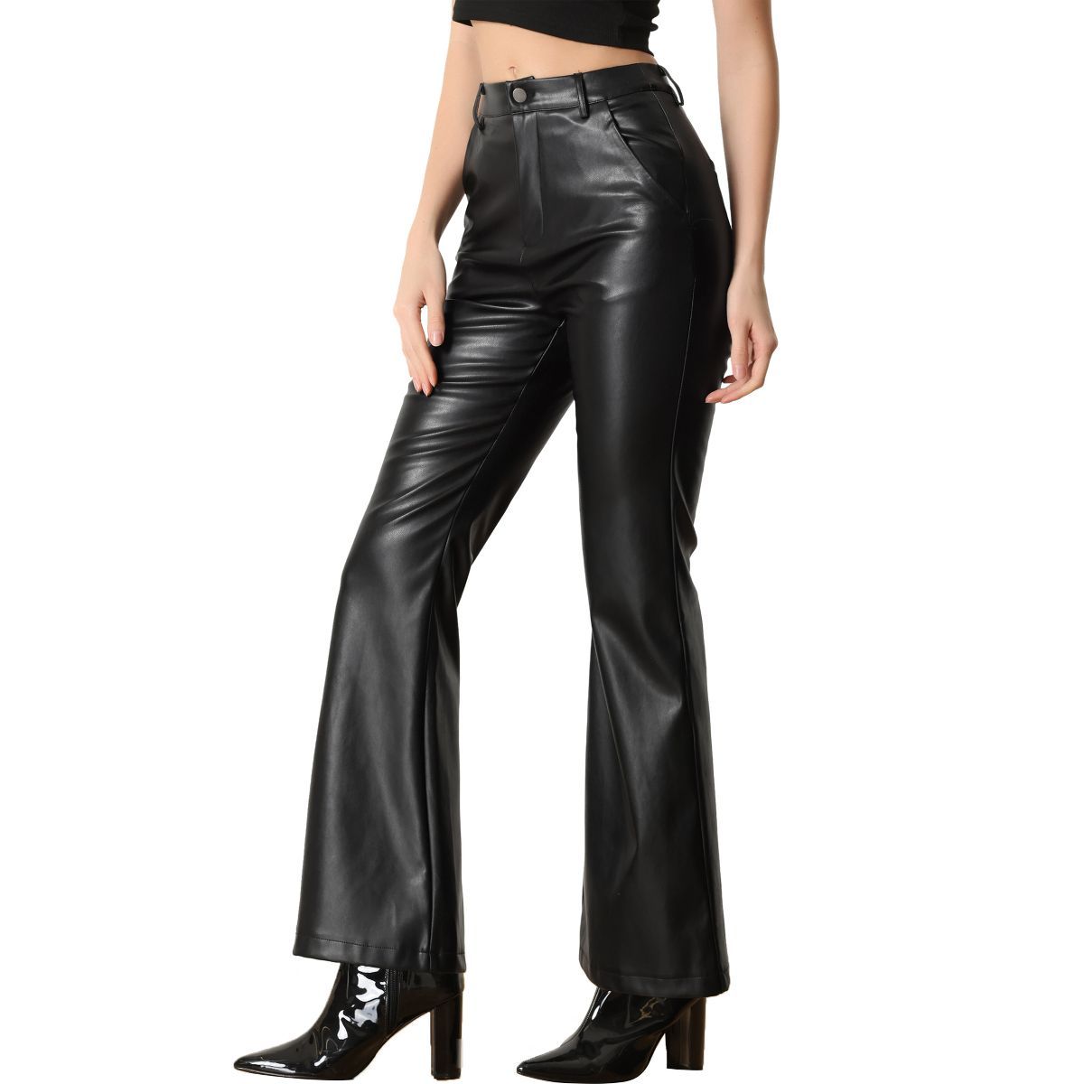 Allegra K Women's High Waist Bottom Flared Faux Leather Pants | Target
