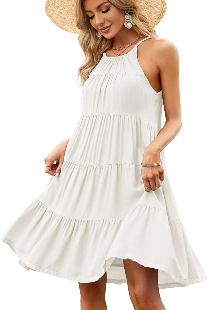 Zilcremo Women's Summer Sleeveless Halter Mini Dress Ruffle Tiered Flowy Swing Beach Dresses Sund... | Amazon (US)